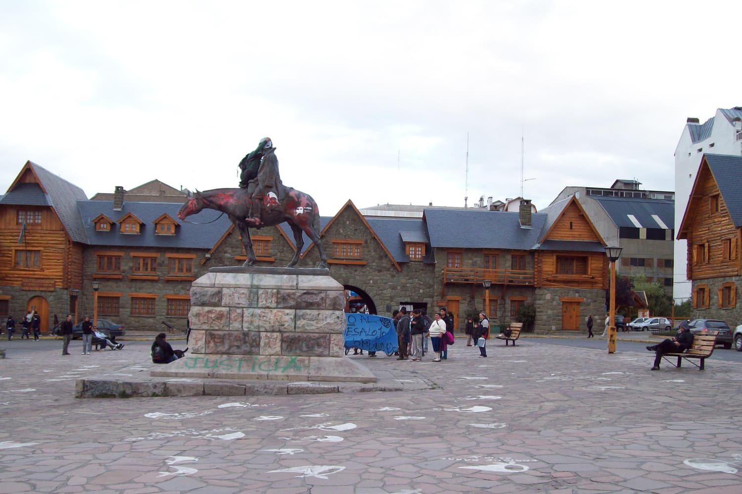 The stone and timber Centro Cívico of Bariloche with its equestrian statue