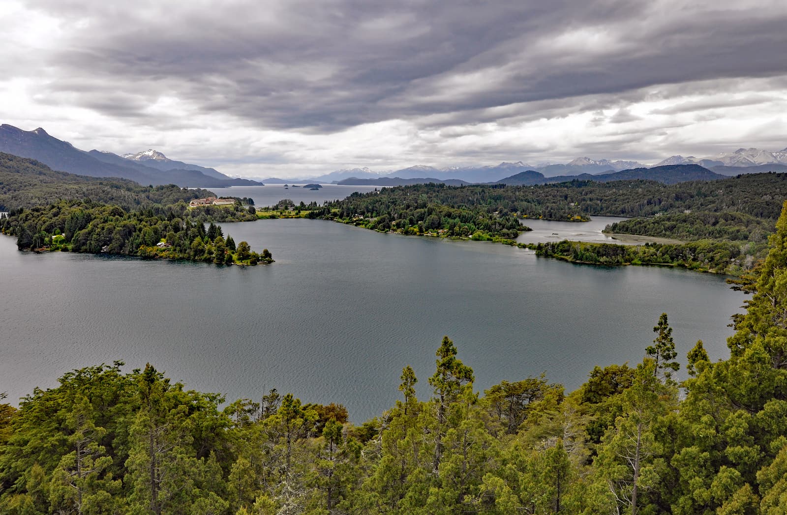 Lakes and forested peninsulas seen from the summit of Cerro Campanario