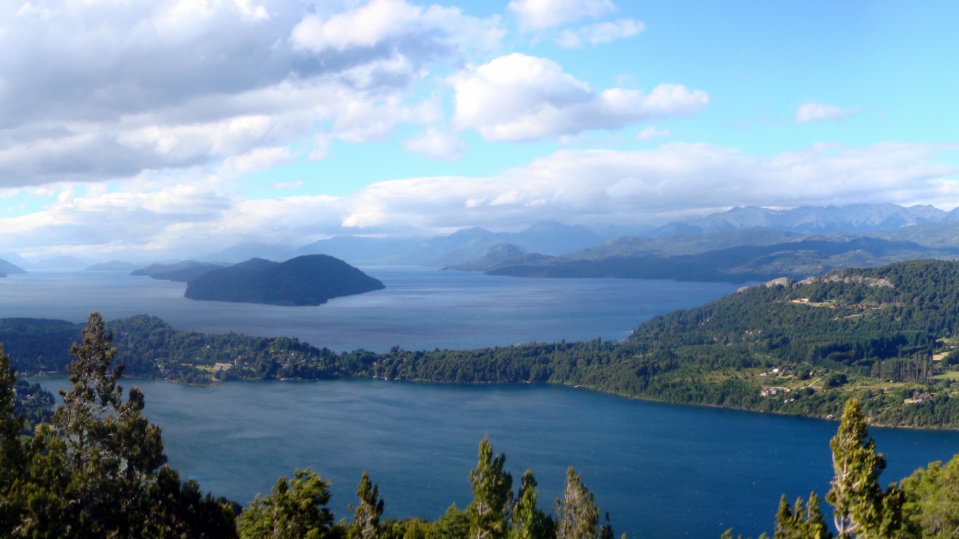Islands and forested peninsulas in Lake Nahuel Huapi seen from Cerro Campanario
